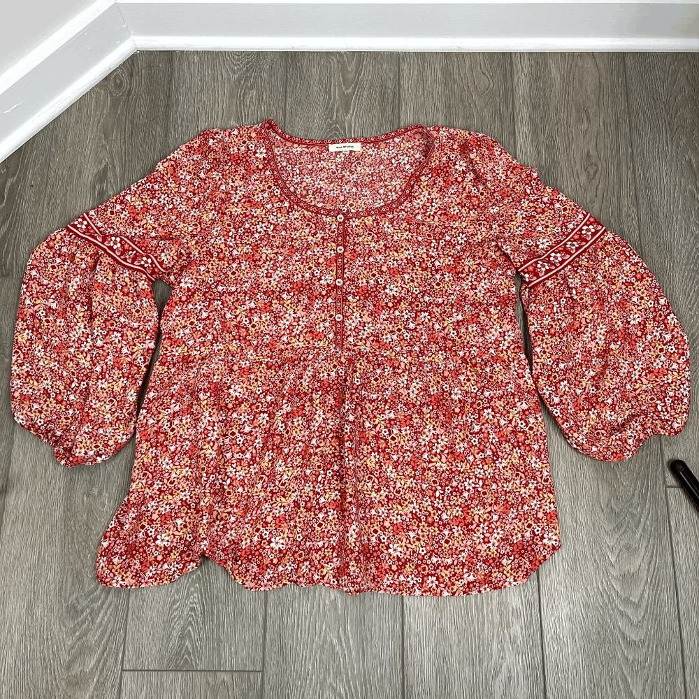 Max Studio Orange Yellow Red Floral Long Balloon Sleeve Blouse Size XL